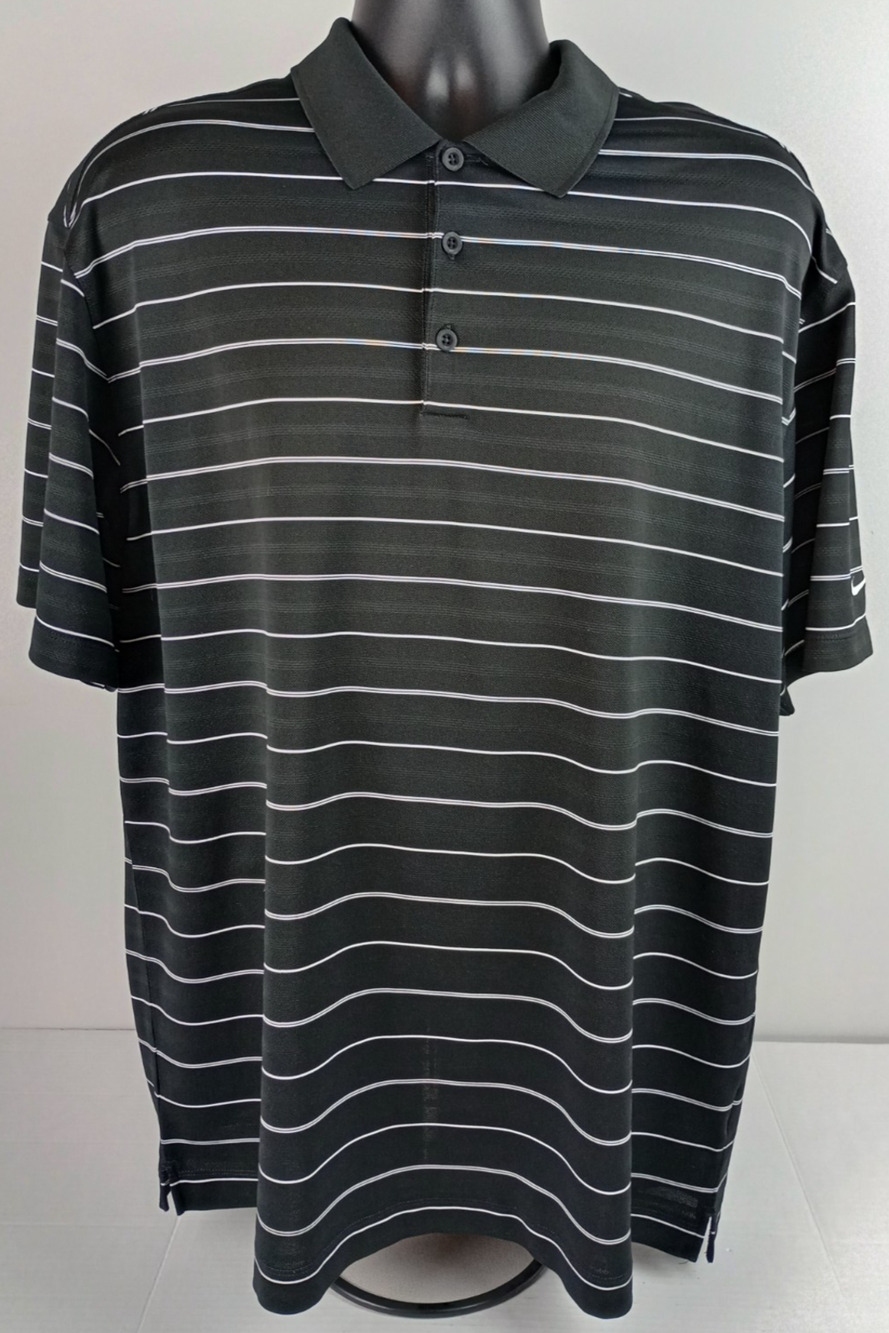 Nike Golf Dri Fit Men's XL Black White Striped Short Sleeve Polo Shirt